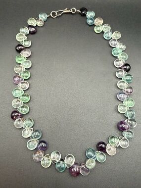 Fluorite gemstone teardrop bead necklace 925 Sterling silver hook clasp #804